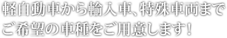 軽自動車から輸入車、特殊車両までご希望の車種をご用意します！