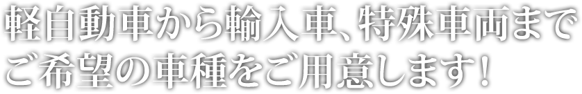 軽自動車から輸入車、特殊車両まで ご希望の車種をご用意します！